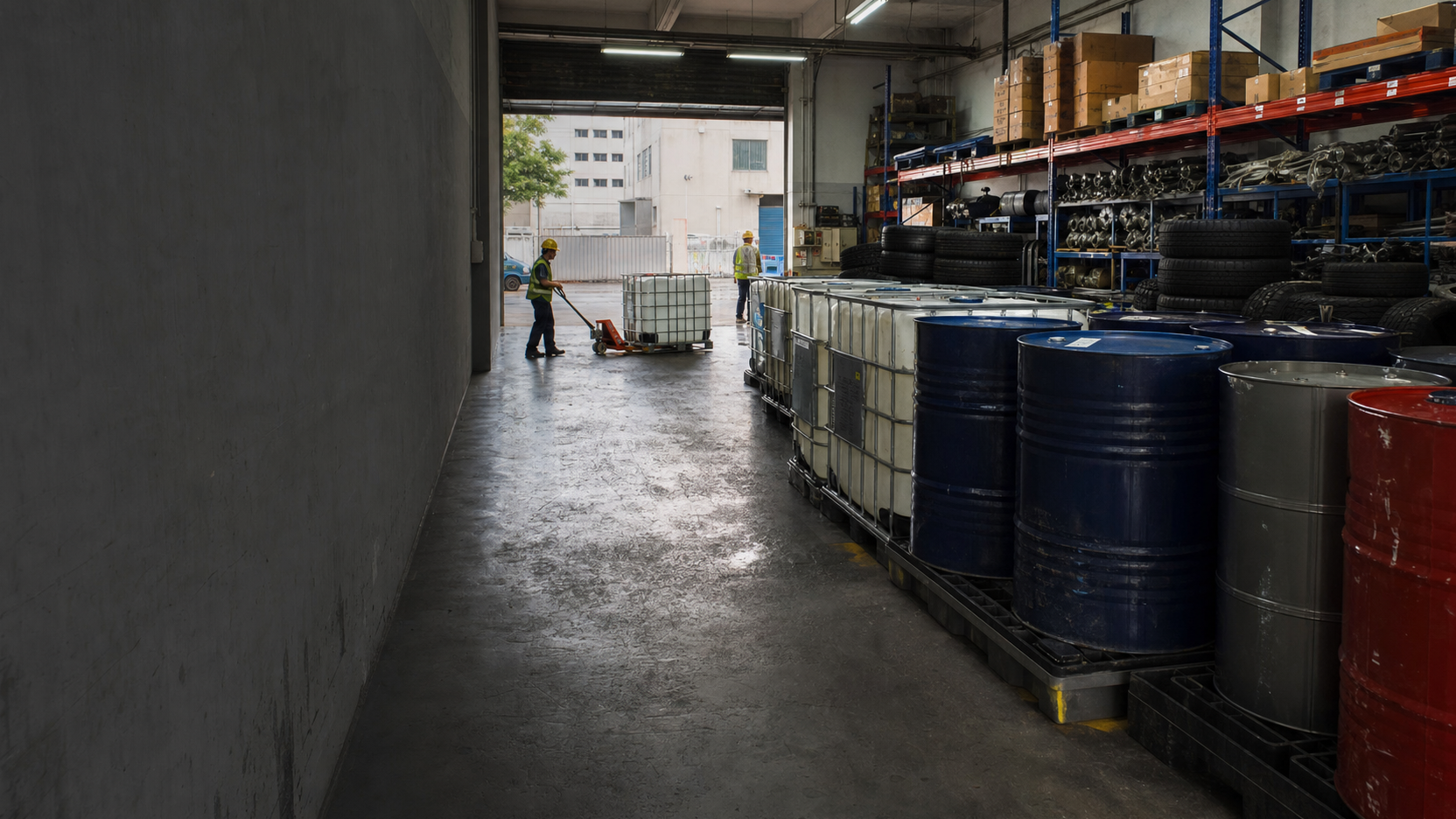 Wholesale warehouse with drums, IBC containers, tires and vehicle parts
