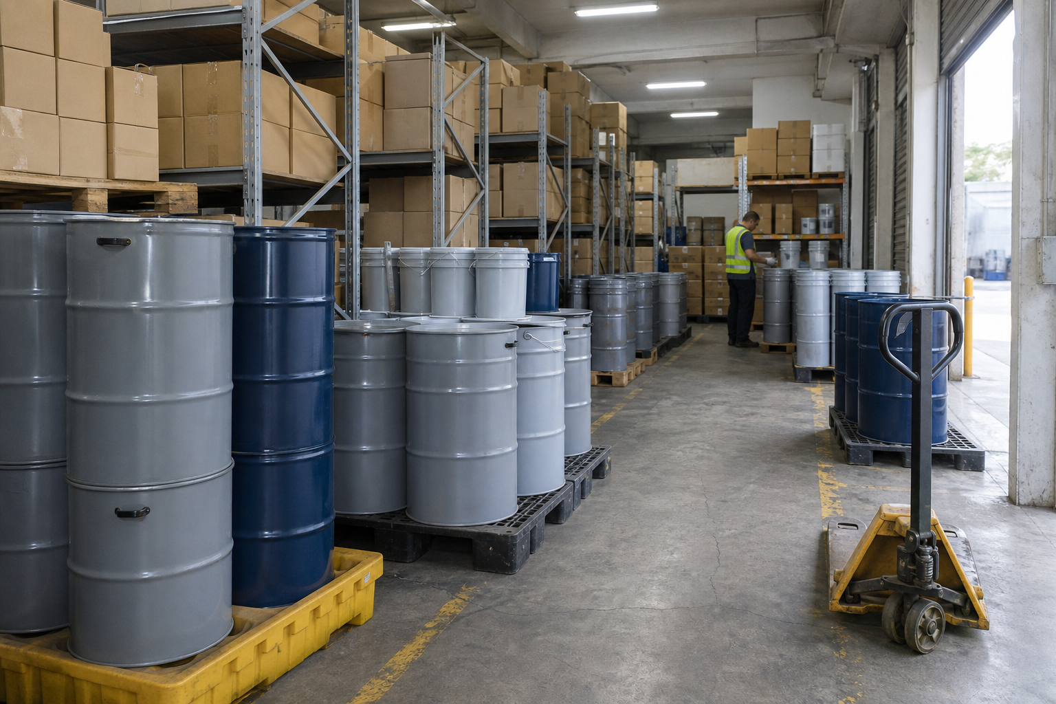 Sealed lubricant drums, pails and cartons stored for wholesale distribution